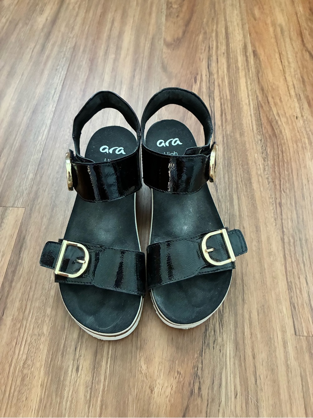 Ara Black Patent Sandals with Gold Buckles size 5